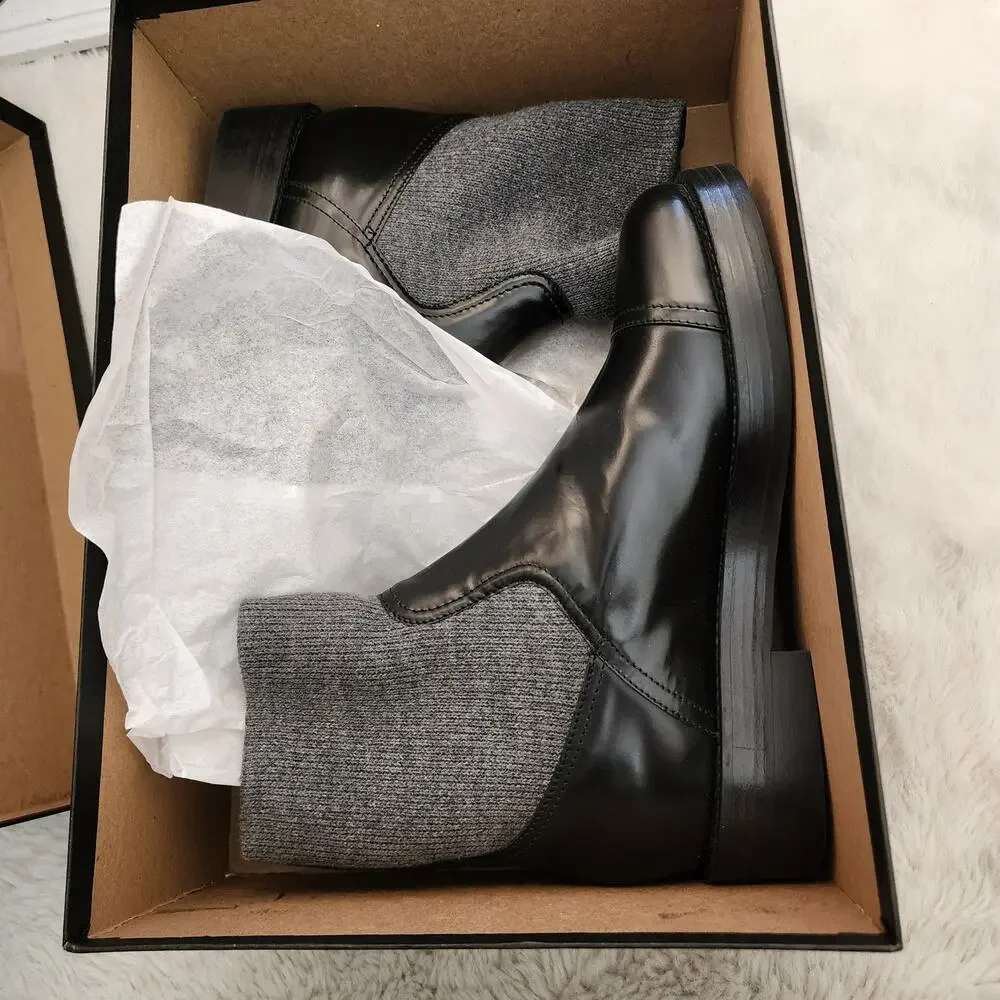J.Crew Black Italian Leather Ribbed Knit Cuff Ankle Boots NIB NWT Size 9 BM708